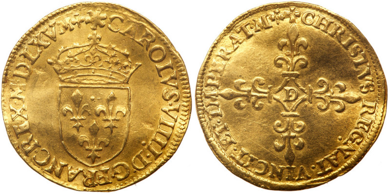 France. Charles IX (1560-1574). Gold Ecu d'or, 1565-D. Lyon mint. Crowned arms. ...