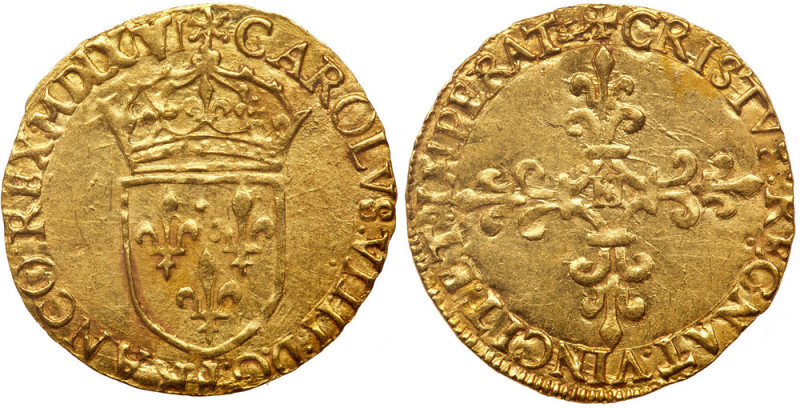 France. Charles IX (1560-1574). Gold Ecu d'or, 1565-H. La Rochelle mint. Crowned...