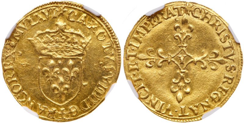 France. Charles IX (1560-1574). Gold Ecu d'or, 1566-Y. Bourges mint. Crowned Ecu...