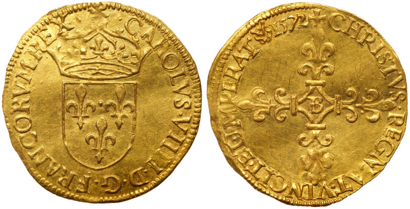 France. Charles IX (1560-1574). Gold Ecu d'or, 1572-B (Rouen). Rouen mint. Crown...