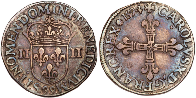 France. Charles X, Cardinal De Bourbon (1589-1590). Silver &frac14; Ecu, 1594. M...