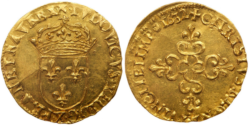 France. Louis XIII (1610-1643). Gold Ecu d'or, 1632-X. Amiens mint. Crowned arms...