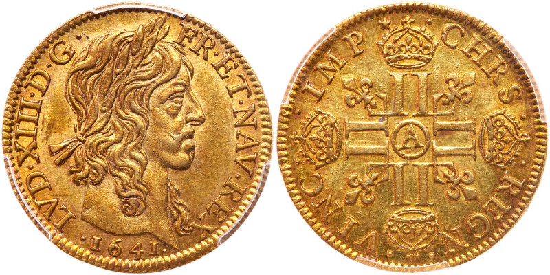 France. Louis XIII (1610-1643). Gold Louis d'or, 1641-A. Paris mint. Laureate he...