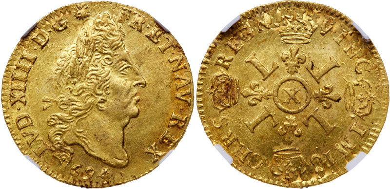 France. Louis XIV (1643-1715). Gold Louis d' or aux 4 L, 1694-X. Amiens mint. Ol...