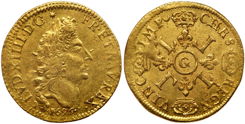 France. Louis XIV (1643-1715). Gold Double Louis d'or aux 4 L, 1696-G. Poitiers ...