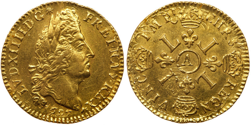 France. Louis XIV (1643-1715). Gold Louis d'or aux 4 L, 1697-A. Paris mint. Olde...