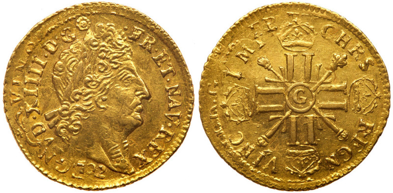 France. Louis XIV (1643-1715). Gold Louis d'or aux 8 L et aux insignes, 1702-G. ...