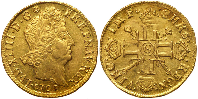 France. Louis XIV (1643-1715). Gold Double Louis d'or aux 8 L et aux insignes, 1...