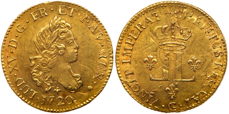 France. Louis XV (1715-1774). Gold Louis d'or aux 2 L, 1720-G. Poitiers mint. Yo...