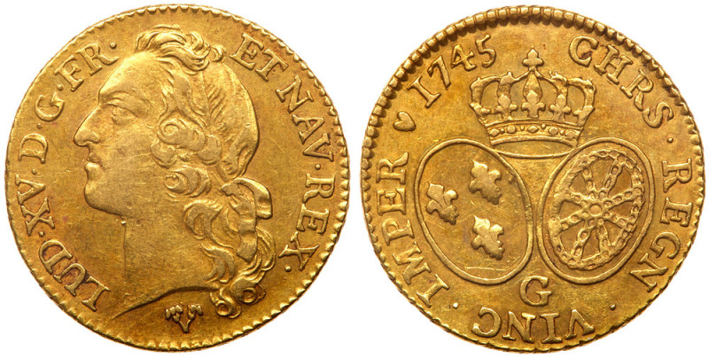 France. Louis XV (1715-1743). Gold Louis d'or au bandeau, 1745-G. Poitiers mint....