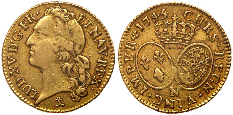 France. Louis XV (1715-1774). Gold Louis d'or au bandeau, 1745/4-N. Montpellier ...
