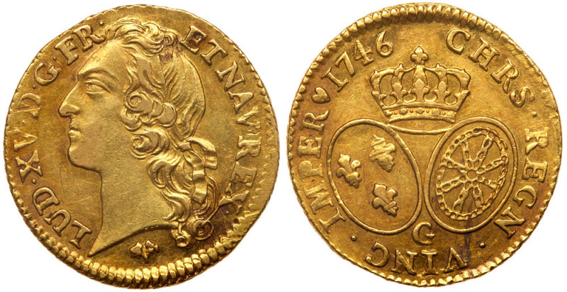 France. Louis XV (1715-1774). Gold Louis d'or au bandeau, 1746-G. Poitiers mint....