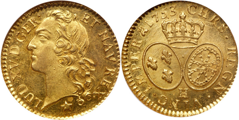 France. Louis XV (1715-1774). Gold Louis d'or au bandeau, 1753-H. La Rochelle mi...