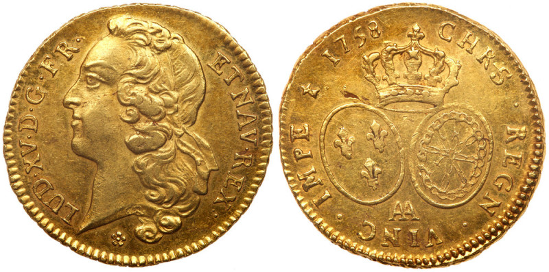 France. Louis XV (1715-1774). Gold Double Louis d'or au bandeau, 1758-AA. Metz m...
