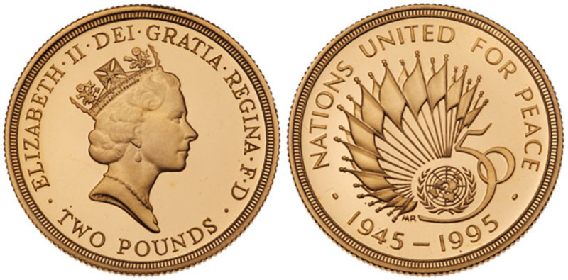 Great Britain. Elizabeth II (1952-2022). Gold 2 Pounds, 1995. Crowned bust of qu...