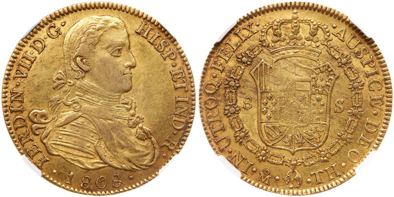 Fernando VII (1808-1821). 8 Escudos, 1808 Mo TH. Mexico City mint. Laureate, arm...