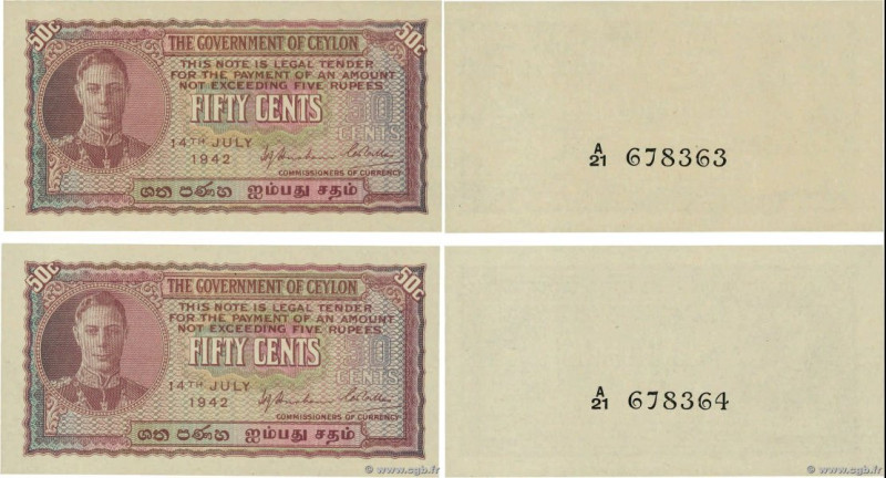 Country : CEYLON 
Face Value : 50 Cents Consécutifs 
Date : 14 juillet 1942 
Per...