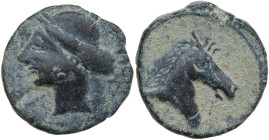 Celtic World. Carthago Nova (Qart Hadasht). AE Calco, c. 220-215 BC. D/ Tanit's head left. R/ Horse head right; before, Phoenician letter. ABH-515. AE...