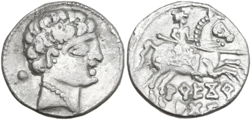 Hispania. Iberia, Arekorata. AR Denarius, late 2nd century BC. D/ Bare male head...