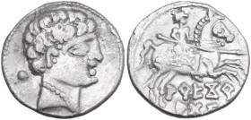 Hispania. Iberia, Arekorata. AR Denarius, late 2nd century BC. D/ Bare male head right; behind, pellet. R/ Warrior on horse rearing right, holding spe...