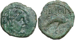 Hispania. Iberia, Carteia. AE 21.5 mm, c. 150-100 BC. D/ Laureate head of Jupiter right; S behind. R/ Dolphin right. SNG BM Spain 1693; CNH 20; Burg. ...