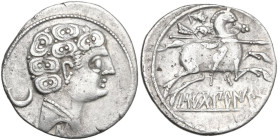 Hispania. Iberia, Sekobirikes. AR Denarius, c. 130-early 1st century BC. D/ Bare male head right; crescent to left, S behind. R/ Warrior on horse rear...