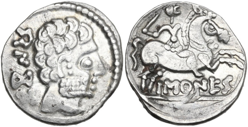 Hispania. Iberia, Sekobirikes. AR Denarius, c. 120-20 BC. D/ Bare male head righ...