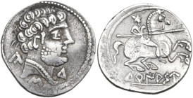 Hispania. Iberia, Turiasu. AR Denarius, early 1st century BC. D/ Bare male head right; around, Ca, Du and S. R/ Warrior on horse rearing right, holdin...