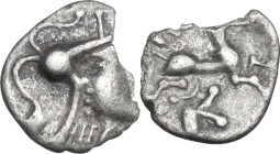 Celtic World. Northwest Gaul, Aulerci Cenomani. AR Unit, c. 100-50 BC). D/ Helmeted head right. R/ Devolved biga right. D&T 2368; Depeyrot, NC VIII, 9...