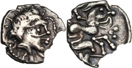 Celtic World. Northwest Gaul, Namnetes. BI 1/4 Stater, 2nd-1st centuries BC. D/ Celticized head right, hair flowing behind; pearl strings flowing arou...