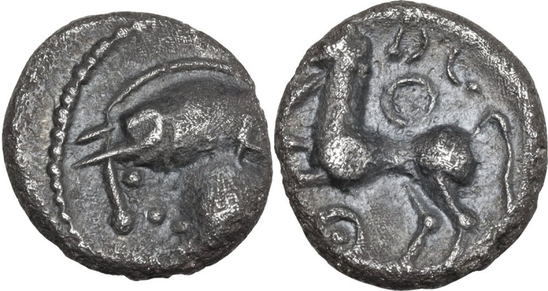 Celtic World. Central Gaul, Aedui. AR Unit, 100-50 BC. D/ Helmeted head left; [X...