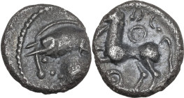Celtic World. Central Gaul, Aedui. AR Unit, 100-50 BC. D/ Helmeted head left; [X to right]. R/ Horse left; three wheels around. D&T 3189; Depeyrot, NC...