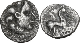 Celtic World. Central Gaul, Aedui. AR Quinarius, 2nd-1st century BC. D/ Male head right. R/ Horse galloping right; lyre below. D&T 3183; Depeyrot, NC ...