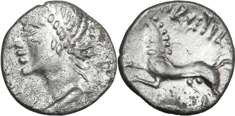 Celtic World. Central Gaul, Aedui. AR Quinarius, c. 50-30 BC. D/ Head left; [ATP...