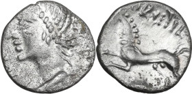 Celtic World. Central Gaul, Aedui. AR Quinarius, c. 50-30 BC. D/ Head left; [ATPILI.F] to left. R/ Horse galloping left; ORGET[RIX] above, star below....