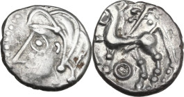 Celtic World. Central Gaul, Bituriges Cubi. AR Quinarius, 1st century BC. D/ Head left. R/ Horse left; branch above; pellet-in-annulet below. D&T 3438...