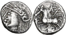 Celtic World. Central Gaul, Lingones. AR Quinarius, 1st century BC. 'Kaletedou' type. D/ Stylized helmeted head of Roma left. R/ Stylized horse pranci...