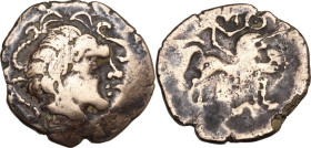 Celtic World. Central Gaul, Pictones. Debased AV Stater, 110/00-50 BC. D/ Celticized head right. R/ Celticized biga, with androcephalic horse, advanci...