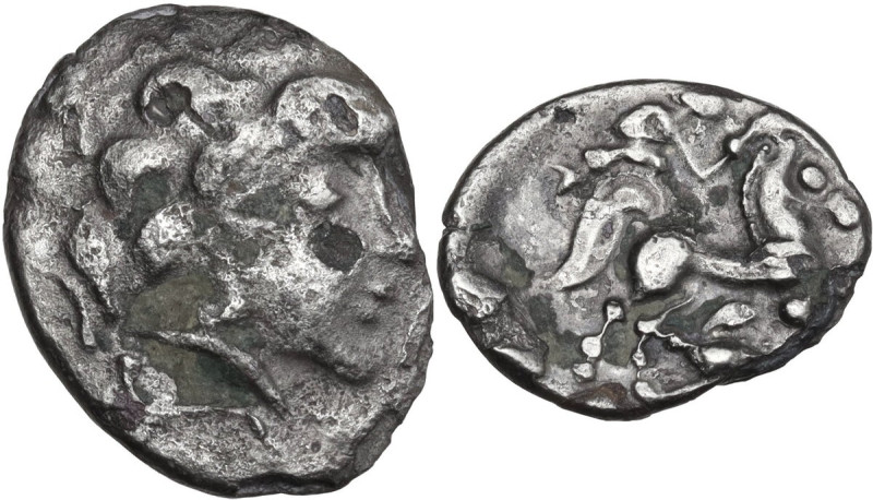 Celtic World. Central Gaul, Pictones. AR Drachm, c. 110/00-90 BC. D/ Male head r...