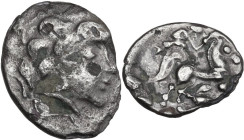 Celtic World. Central Gaul, Pictones. AR Drachm, c. 110/00-90 BC. D/ Male head right. R/ Warrior, holding shield, on horseback right; fleuron below. D...