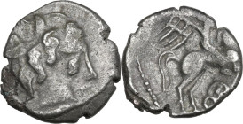 Celtic World. Central Gaul, Pictones. AR Drachm, c. 1st century BC. D/ Stylized head right. R/ Horseman galloping right; ornament below. D&T 3678; Dep...