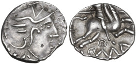 Celtic World. Southern Gaul, Allobroges. AR Quinarius, c. 70-61 BC. D/ Helmeted head of Roma right. R/ Horseman galloping right, holding spear; COMA b...