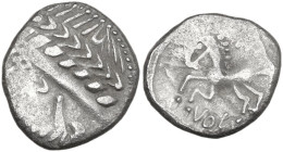 Celtic World. Southern Gaul, Allobroges. Cn. Pompeius Voluntilus (ca. 70-61 BC). AR Quinarius. D/ Stylized laureate male head left. R/ VOL, horse gall...