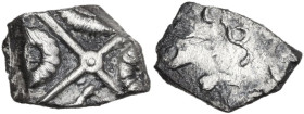 Celtic World. Southern Gaul, Ruteni. AR Drachm, c. 80-50 BC. D/ Stylized head left. R/ Cross; ax and three wreaths in quarters. Depeyrot, NC II, 183. ...