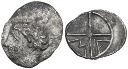 Celtic World. Gaul, Massalia. AR Obol, 4th-3rd century BC. D/ Head of river god left. R/ M A within wheel of four spokes. SNG Cop. 723-727. AR. 0.62 g...