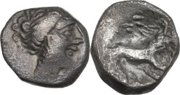Celtic World. Cisalpine Gaul, Insubres. AR Drachm, mid 2nd century BC. Imitating Massalia. D/ Female head right. R/ Stylized lion right; pseudo legend...