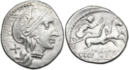 Celtic World. Celtic, Eastern Europe. Uncertain Tribe. AR Denarius, imitating Roman Republican issue of C. Thalna, 154 BC. D/ Helmeted head of Roma ri...