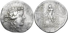 Celtic World. Islands off Thrace, Thasos. AR Tetradrachm, c. 90-75 BC. “Imitative” series. D/ Head of young Dionysos right, wearing ivy wreath. R/ Her...