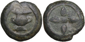 Greek Italy. Uncertain of Inland Etruria. Wheel/Crater series. AE Cast Uncia, 3rd century BC. Obv. Wheel with four spokes. Rev. Crater; above, [pellet...