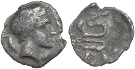 Greek Italy. Central and Southern Campania, Allifae. AR Obol, 325-275 BC. Obv. Laureate head of Apollo right; around, three dolphins. Rev. Scylla righ...